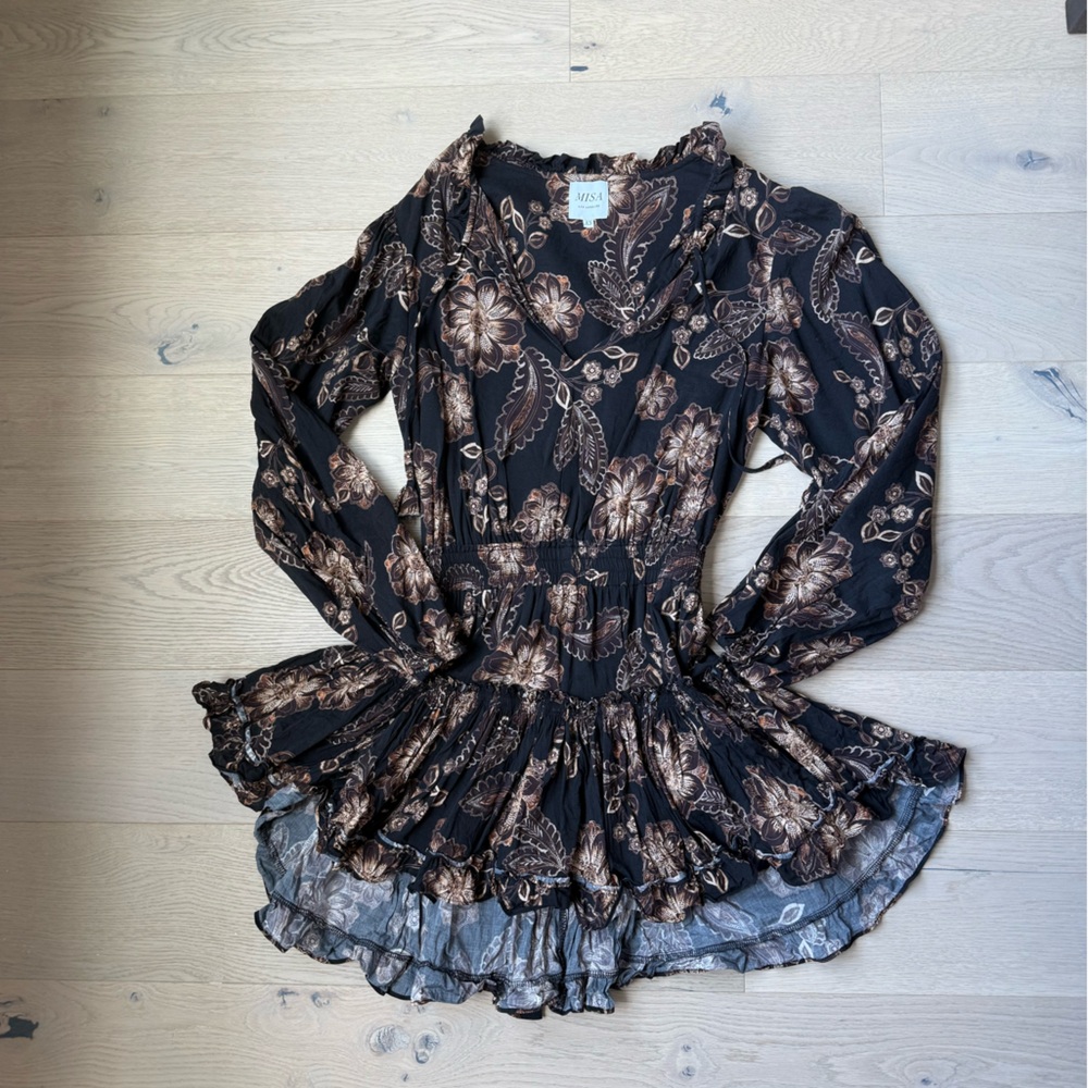 MISA Los Angeles Floral Black and Brown Dress